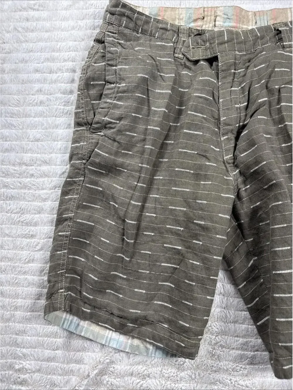 Tommy Bahama Shorts Mens‎ 32x9” Beige Plaid Reversible Green 100% Linen Summer